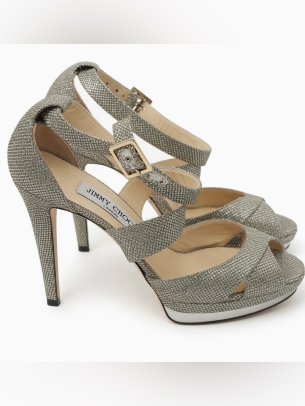 Jimmy Choo Strappy Silver Glitter Platform Sandals